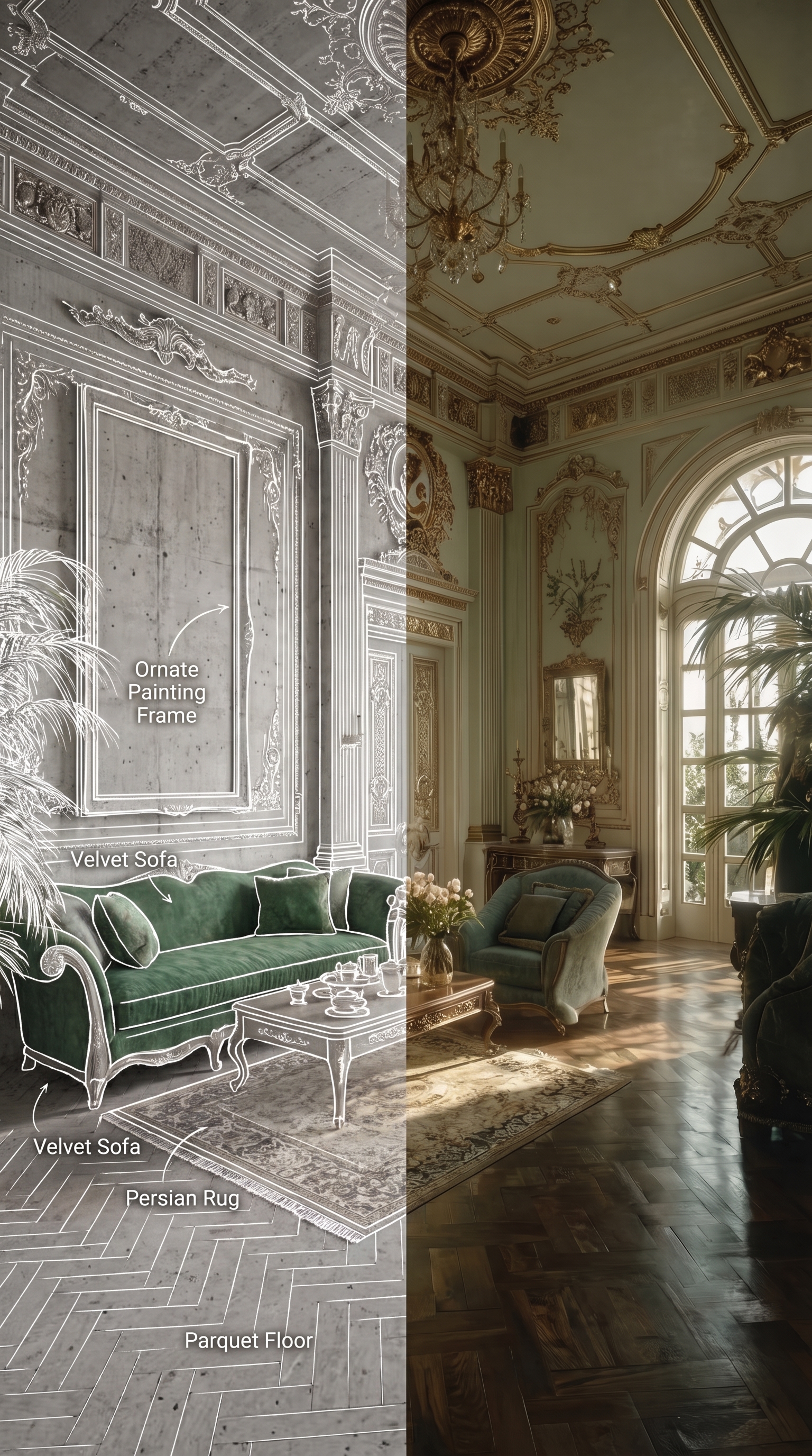 The Gilded Room — sketch to built, ornate frame, velvet sofa, Persian rug, parquet