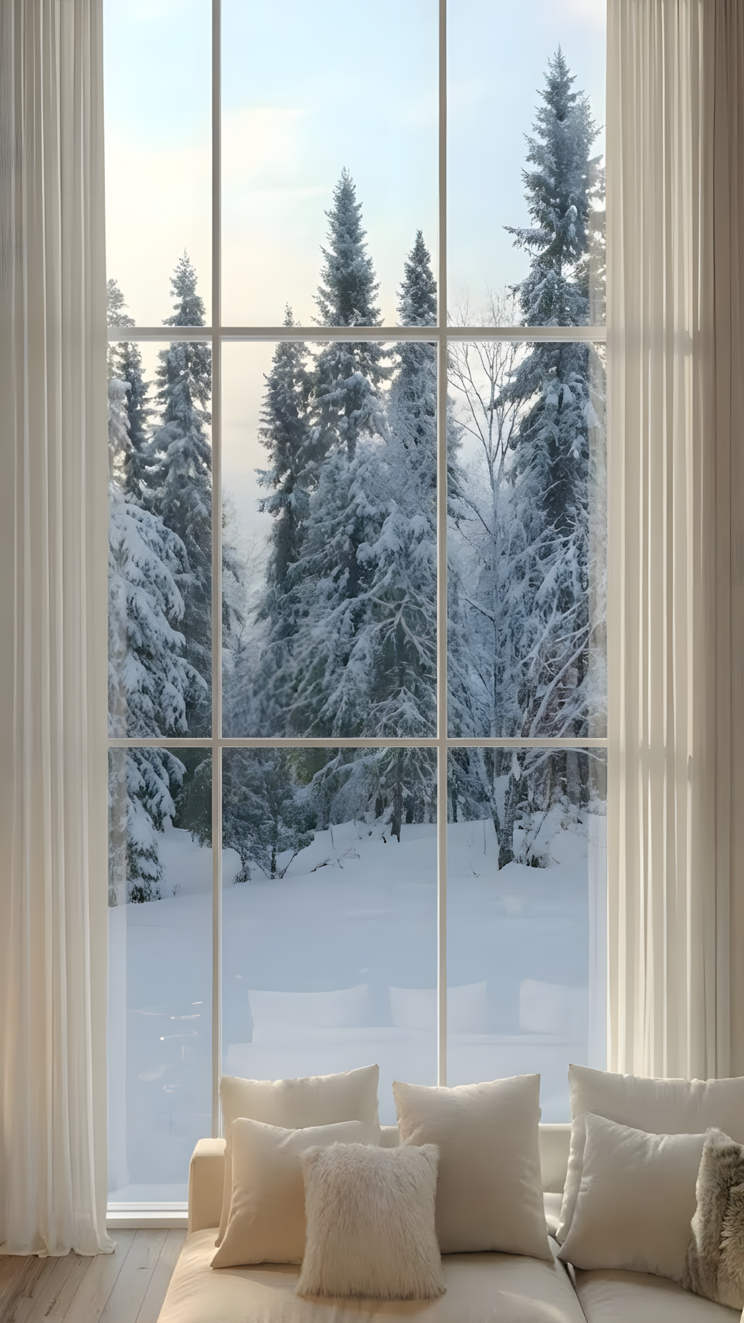 The Hearth — sheer curtains, snowy forest
