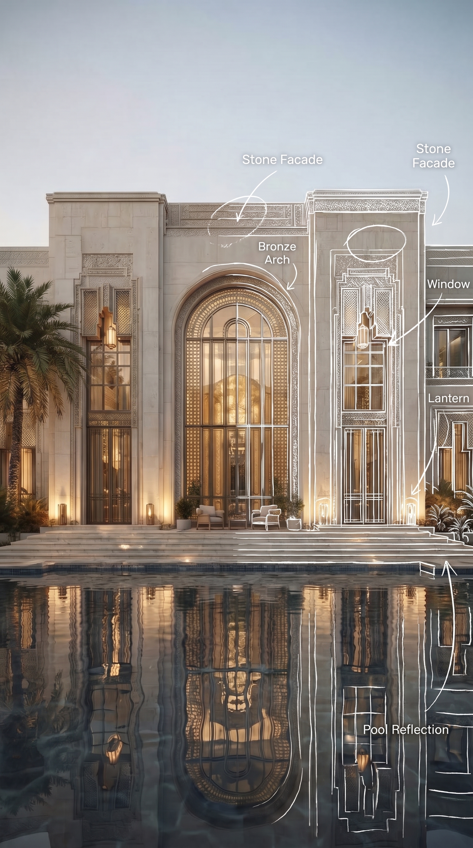 The Lantern Palace — annotated sketch of stone facade, bronze arch, lantern, pool reflection