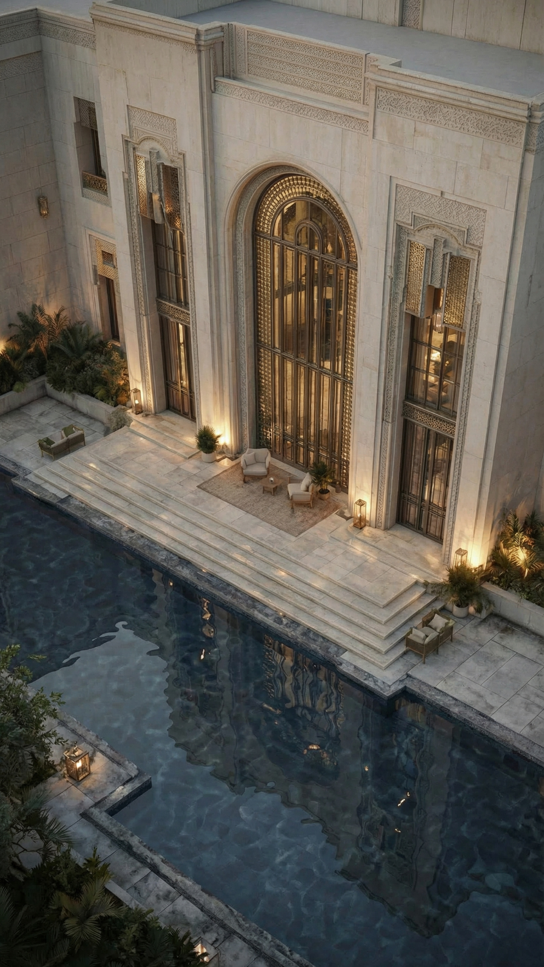 The Lantern Palace — aerial view of pool terrace with seating