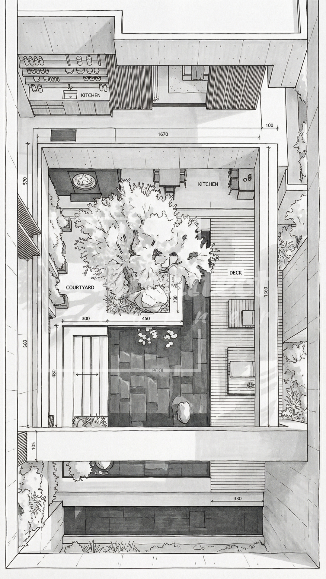 The Quiet Courtyard — annotated plan of kitchen, courtyard, deck and pool