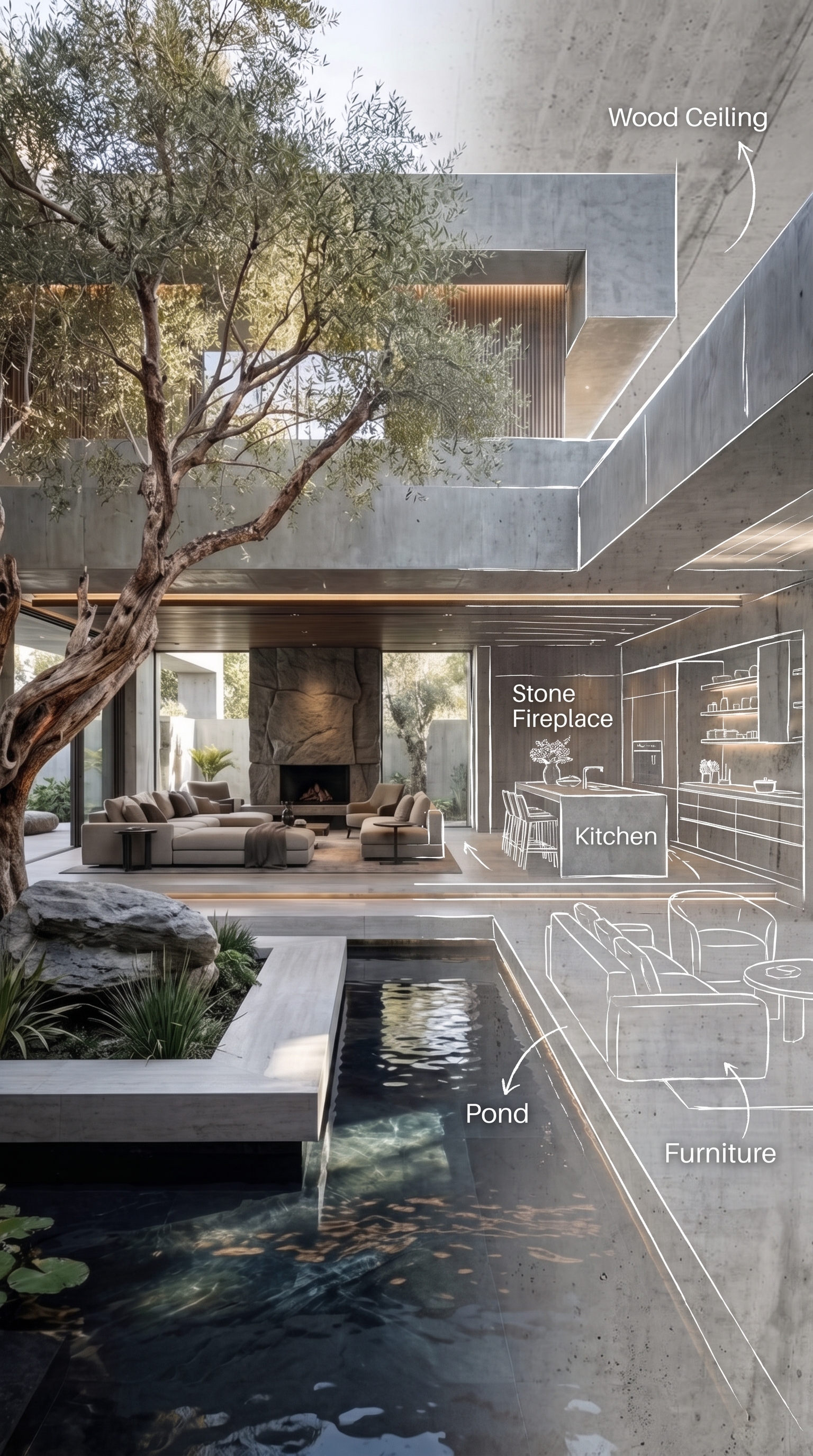 The Quiet Courtyard — annotated 3D sketch: wood ceiling, stone fireplace, kitchen, pond, furniture