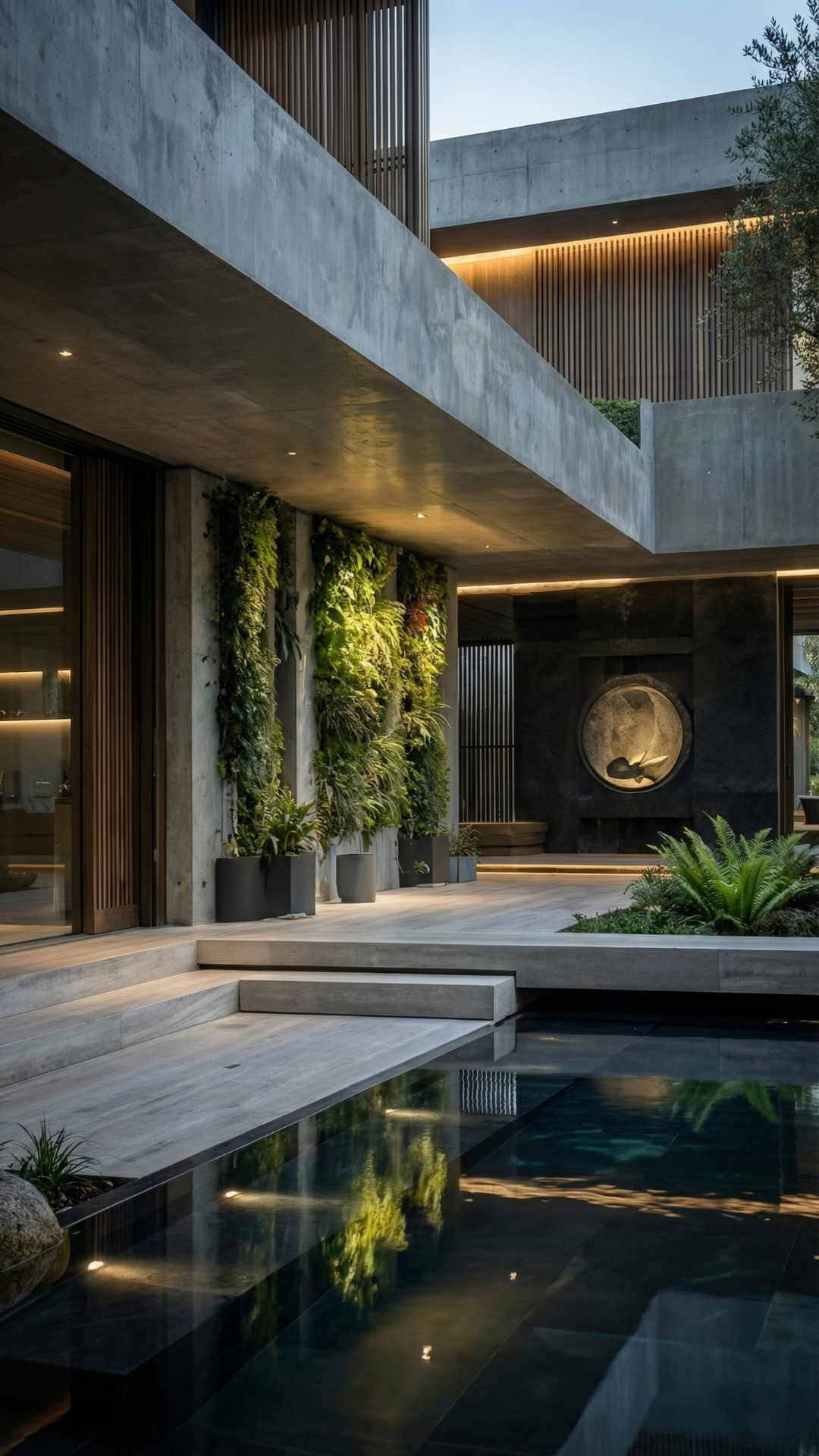 The Quiet Courtyard — approach, vertical garden, pool reflection