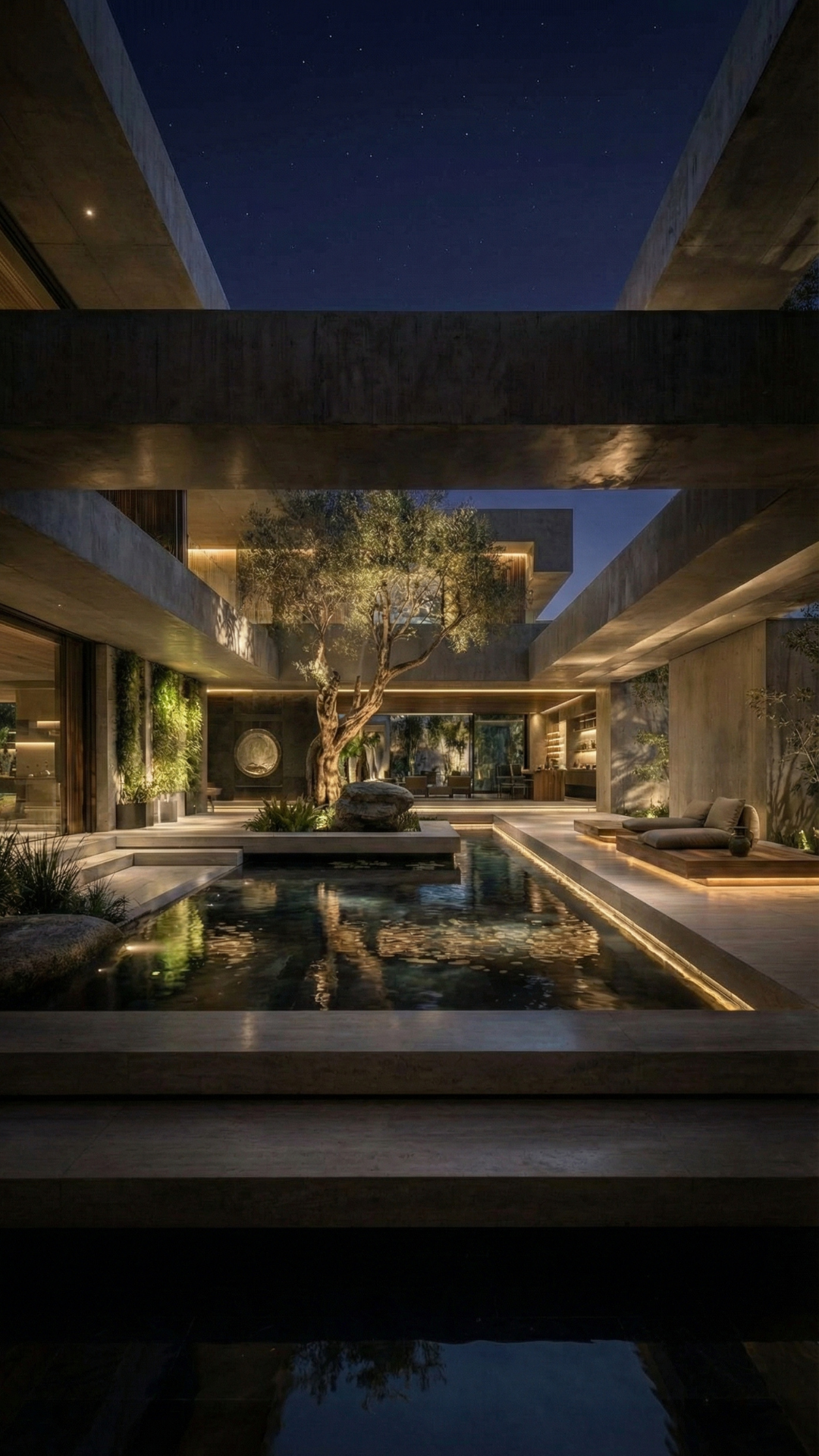 The Quiet Courtyard — night, lit pool, olive tree