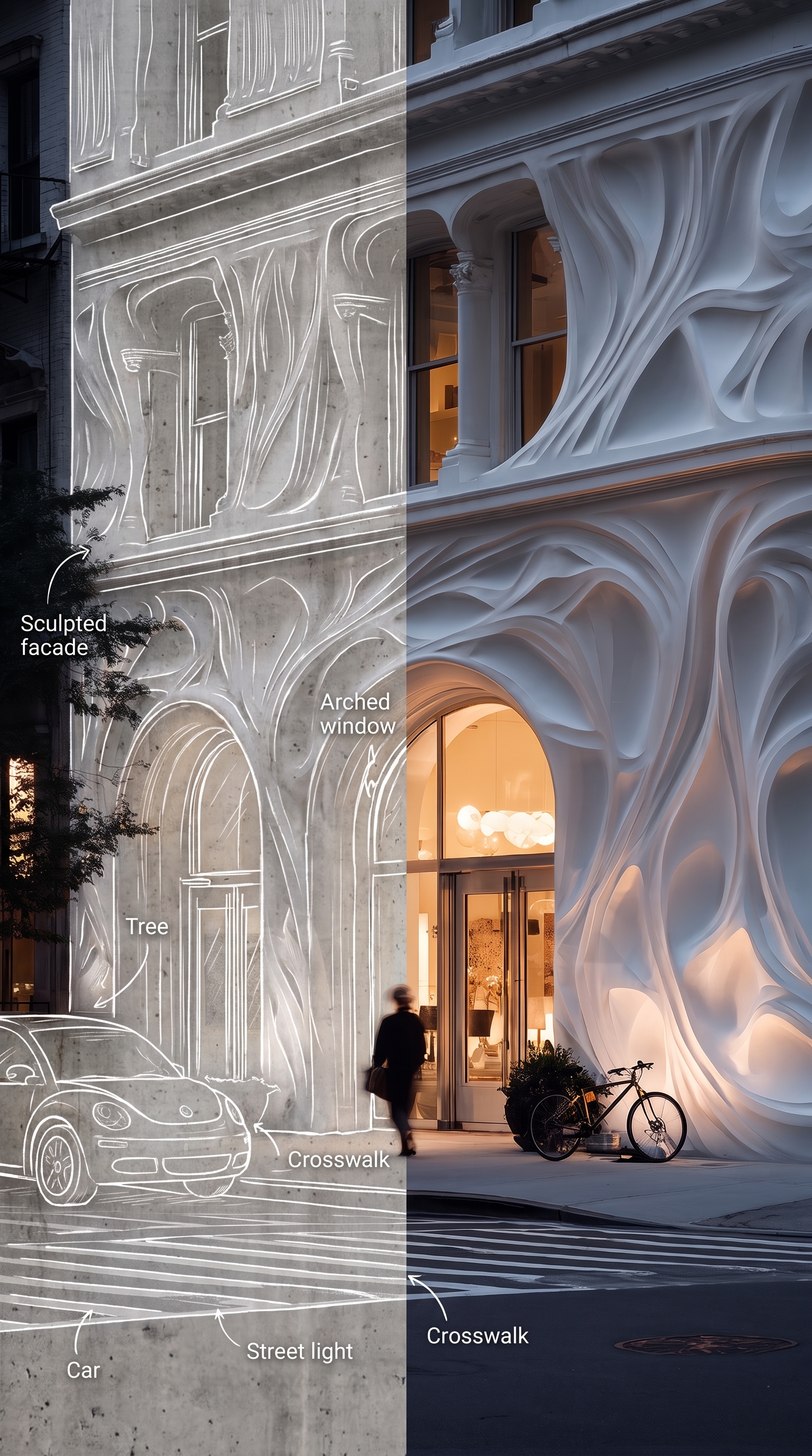 The Stone Veil — sketch to built, side by side